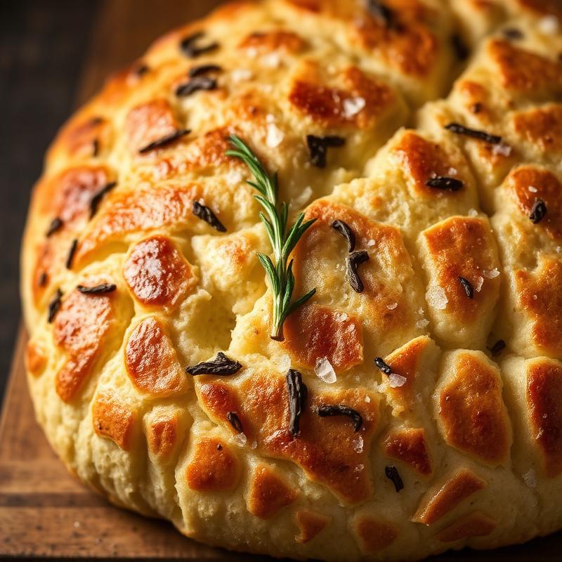 Golden, dimpled focaccia bread topped with fresh rosemary sprigs and grains of flaky sea salt, glistening with extra virgin olive oil.