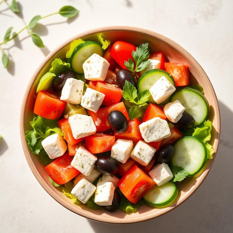 Vibrant Mediterranean salad featuring fresh cucumber, tomatoes, kalmata olives, and generous blocks of feta cheese.