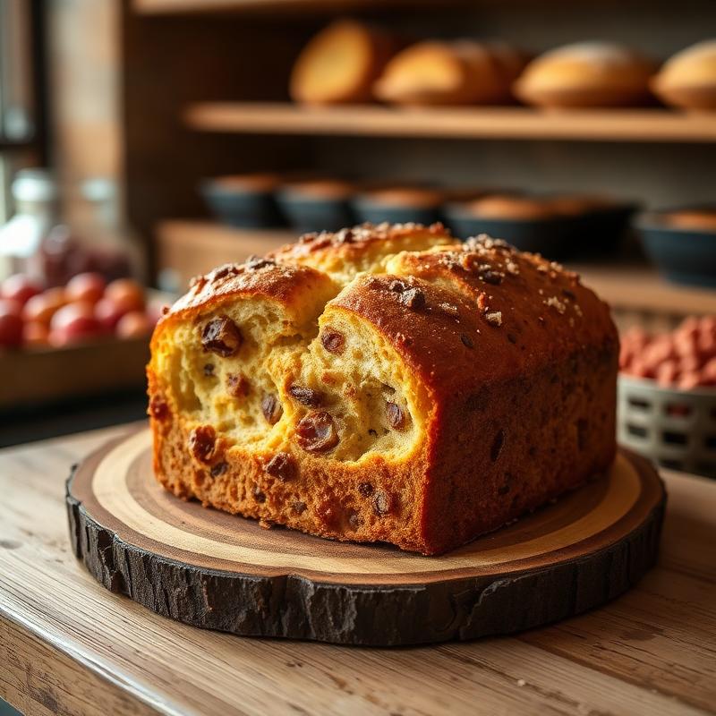 A tall, airy vegan panettone with golden domes and candied fruit highlights, sitting on a rustic wooden table.