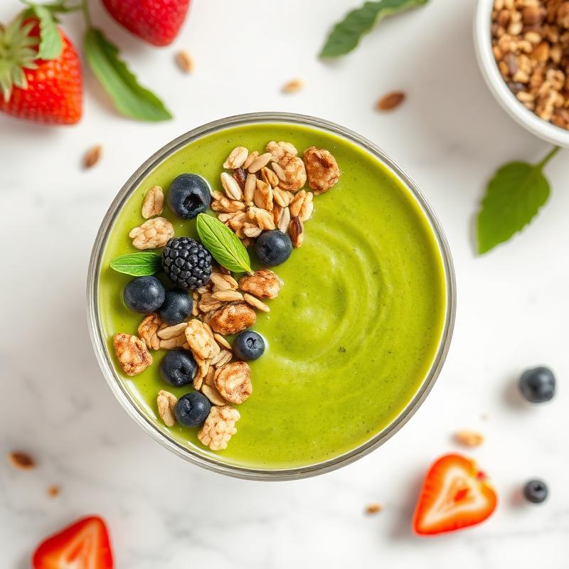 A deep green smoothie bowl topped with a precise arrangement of granola, fresh raspberries, and banana slices.